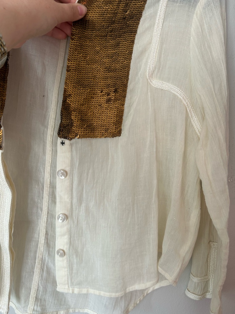 Free People New Romantics Cream Blouse Shirt with Brown Sequin Bib boho L - Picture 11 of 13